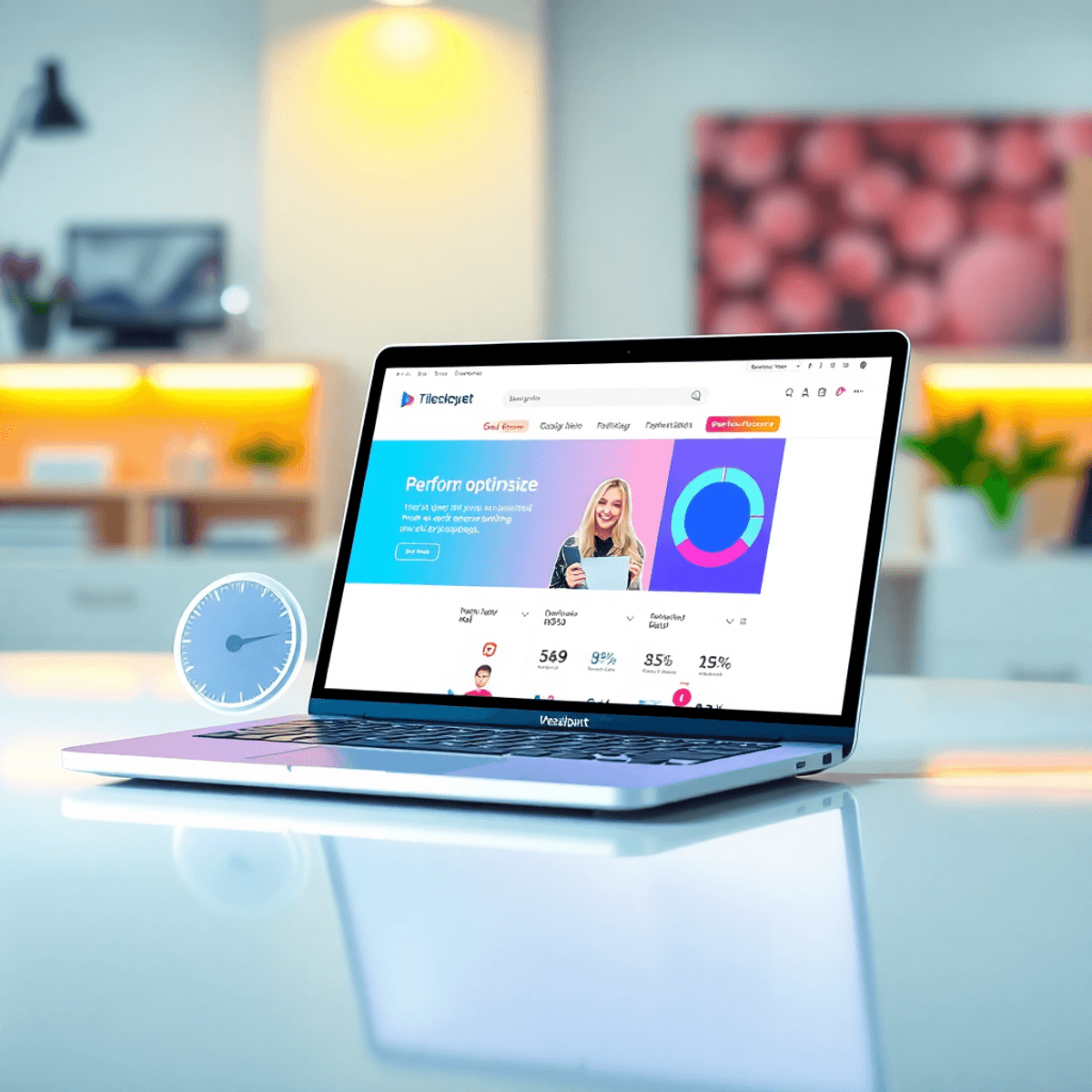 Un espace de travail numérique lumineux avec un ordinateur portable élégant affichant un site web de commerce électronique, entouré de compteurs de vitesse et de graphiques de performance, symbolisant l'innovation et l'efficacité.