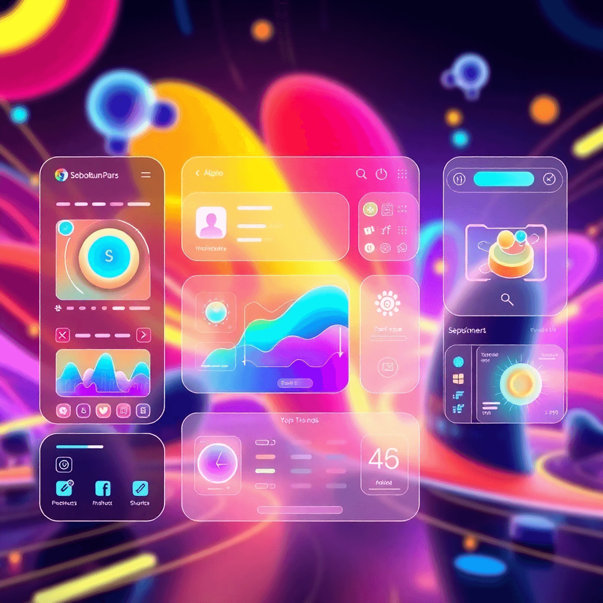 Une interface numérique colorée avec des composants d'interface utilisateur animés, présentant des animations fluides et des graphiques 3D, sur un fond futuriste vibrant.