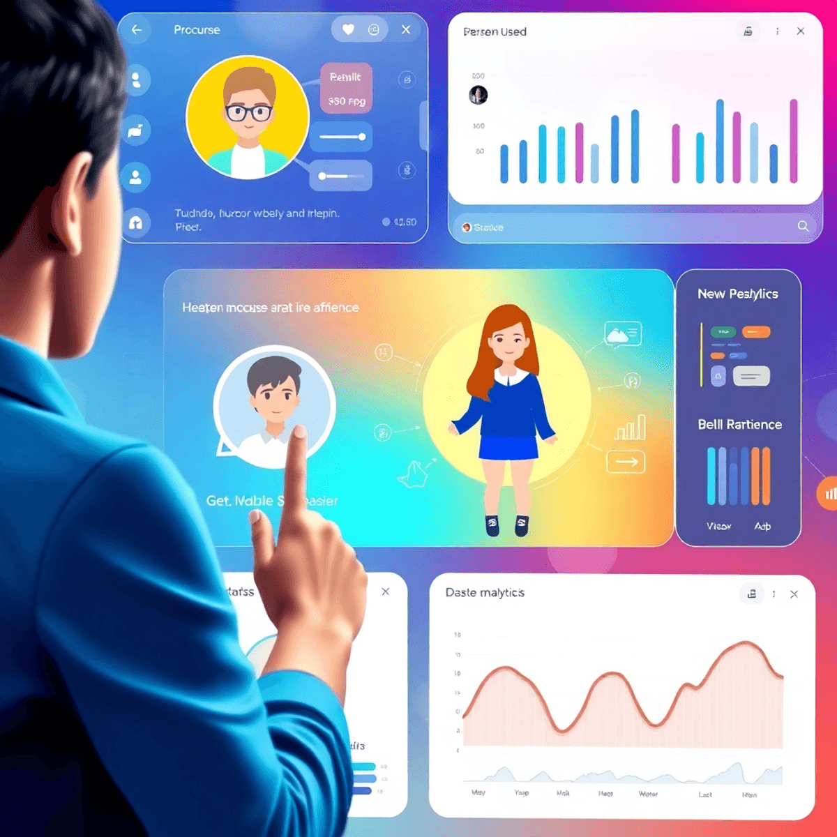 Une interface numérique moderne affichant des expériences utilisateur personnalisées avec des interactions vocales et tactiles, présentant des analyses de données abstraites telles que des graphiques et des tableaux.